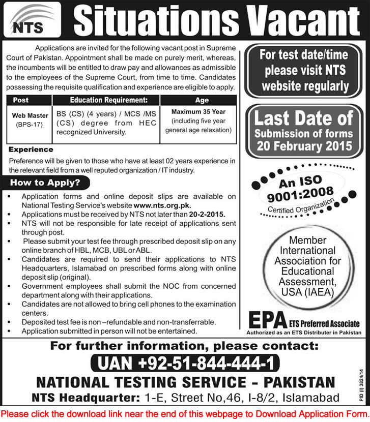 Supreme Court of Pakistan Jobs 2015 February Web Developer NTS Application Form Download