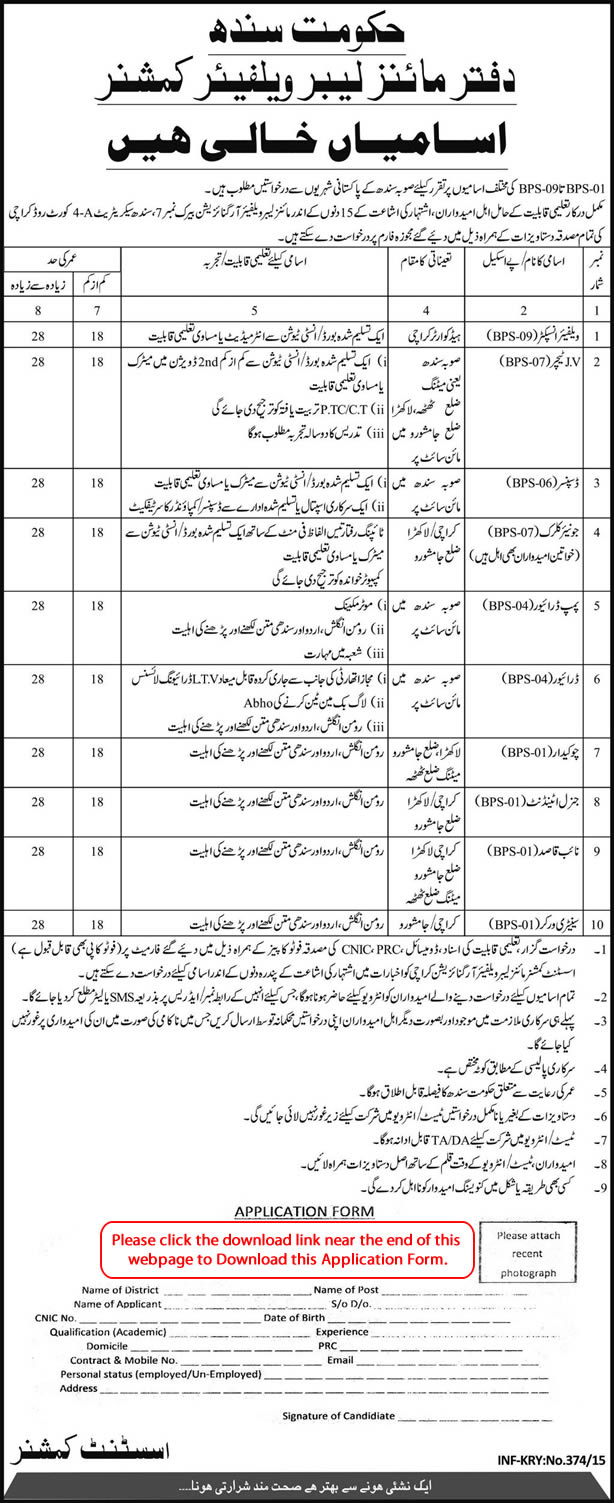 Office of Mines Labour Welfare Commissioner Sindh Jobs 2015 February Application Form Download