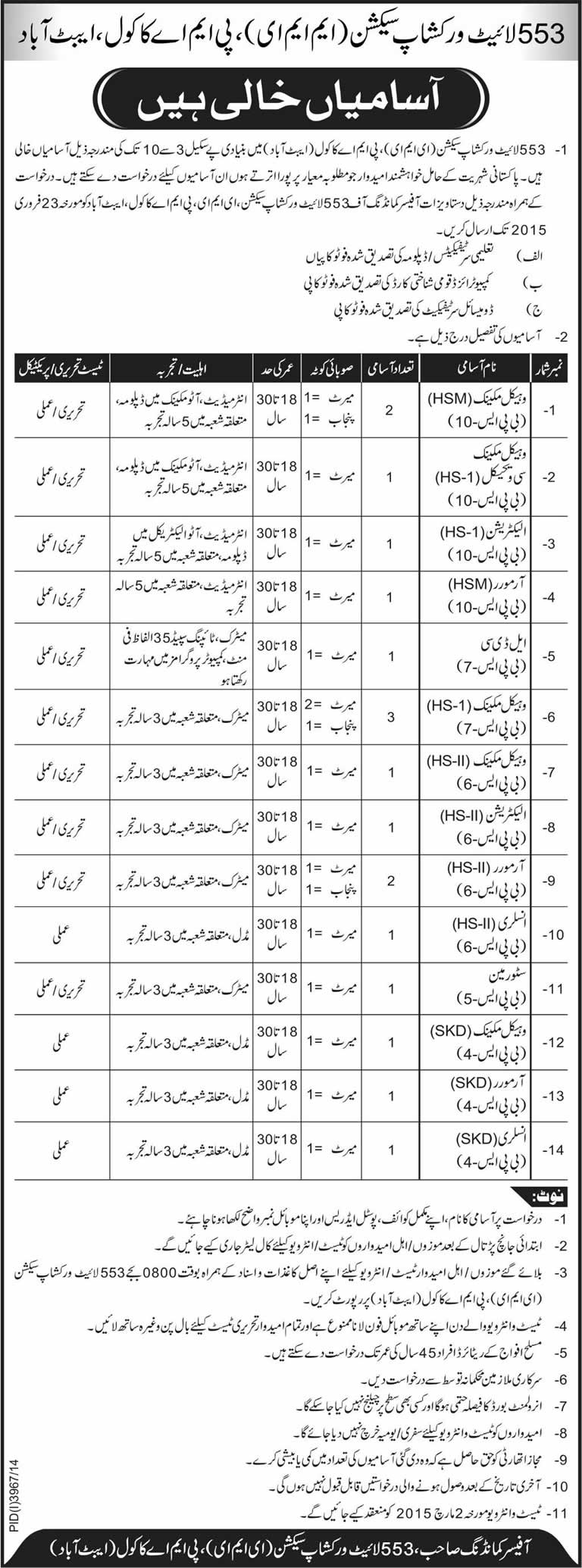 553 Light Workshop EME Jobs 2015 February PMA Kakul Abbottabad Mechanics & Others