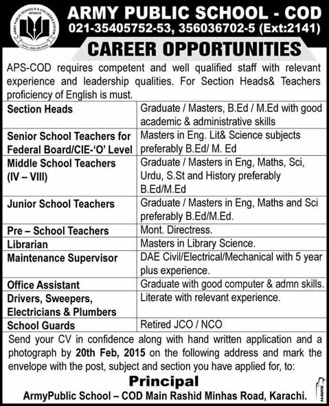 Army Public School COD Karachi Jobs 2015 February Teaching, Admin & Support Staff