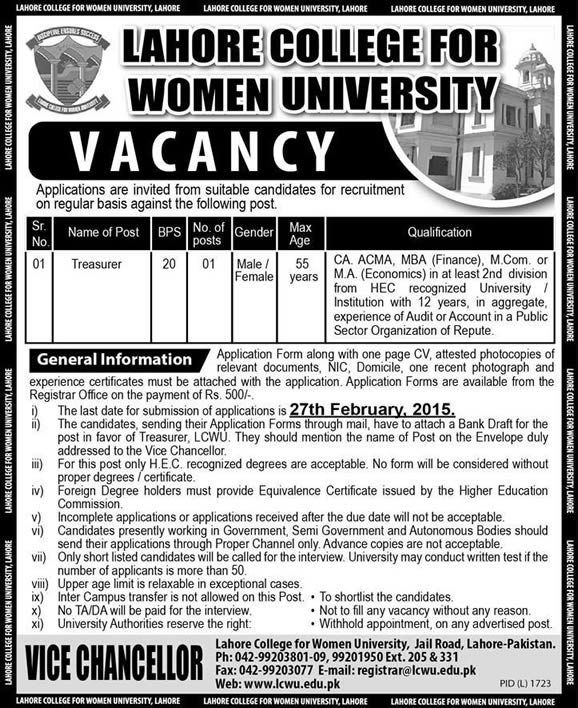 Treasurer Jobs in Lahore College for Women University 2015 February LCWU Latest