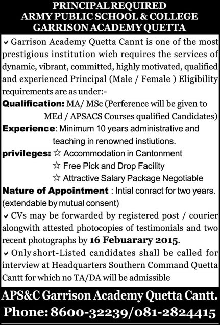 Principal Jobs in Army Public School & College Quetta 2015 February APS&C Garrison Academy Latest