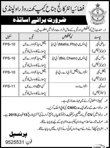 Fazaia Inter College Jinnah Camp Rawalpindi Jobs 2015 February Teaching Faculty / Teachers