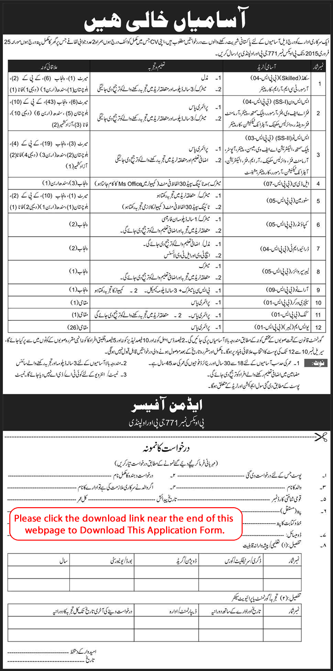 PO Box 771 GPO Rawalpindi Jobs 2015 February Application Form Download Government Organization