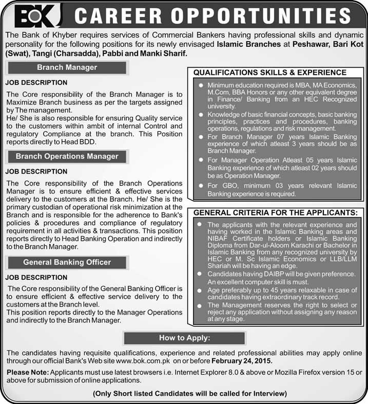 Bank of Khyber Jobs 2015 February Online Apply Branch Managers & Banking Officers Islamic Branches
