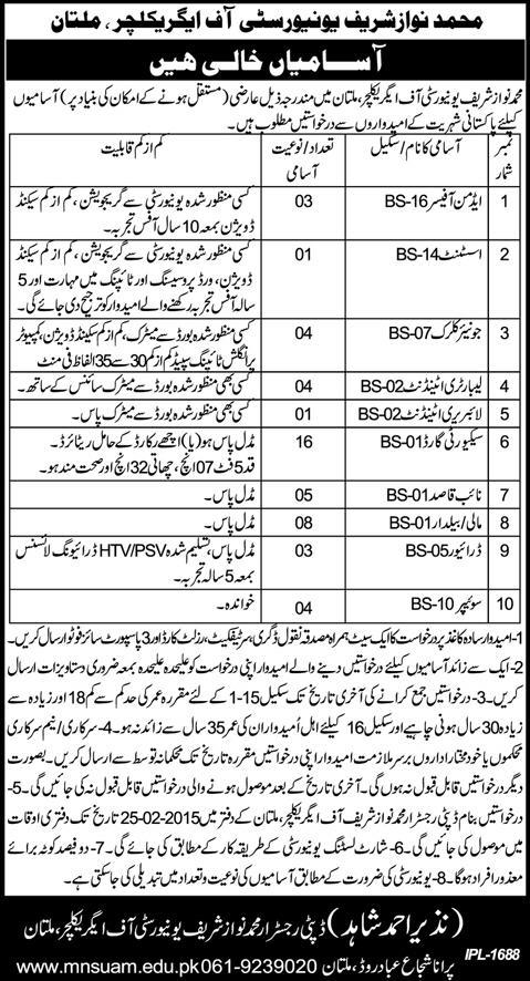 Muhammad Nawaz Sharif University of Agriculture Multan Jobs 2015 February Admin Staff