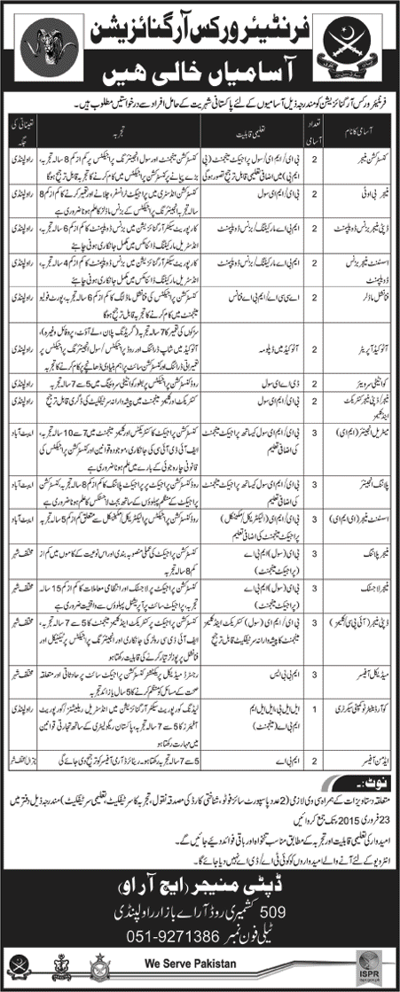 FWO Jobs 2015 February Frontier Works Organization Engineering & Admin Staff Latest