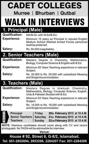 Cadet College Murree / Bhurban / Qutbal Jobs 2015 February Principals & Teaching Faculty Walk in Interviews