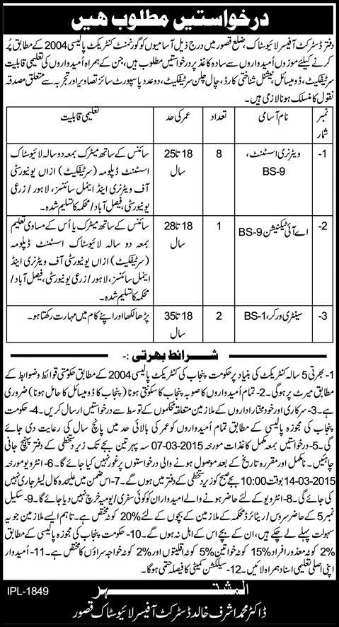 District Livestock Office Kasur Jobs 2015 February Veterinary Assistant, AI Technician & Sanitary Worker