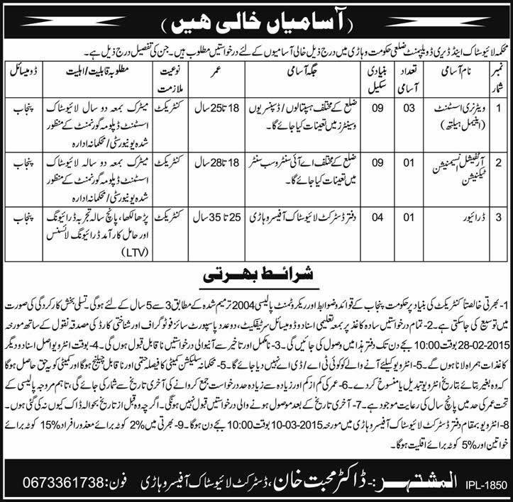 Veterinary Assistant, AI Technician & Driver Jobs in Vehari District Livestock Office Jobs 2015 February