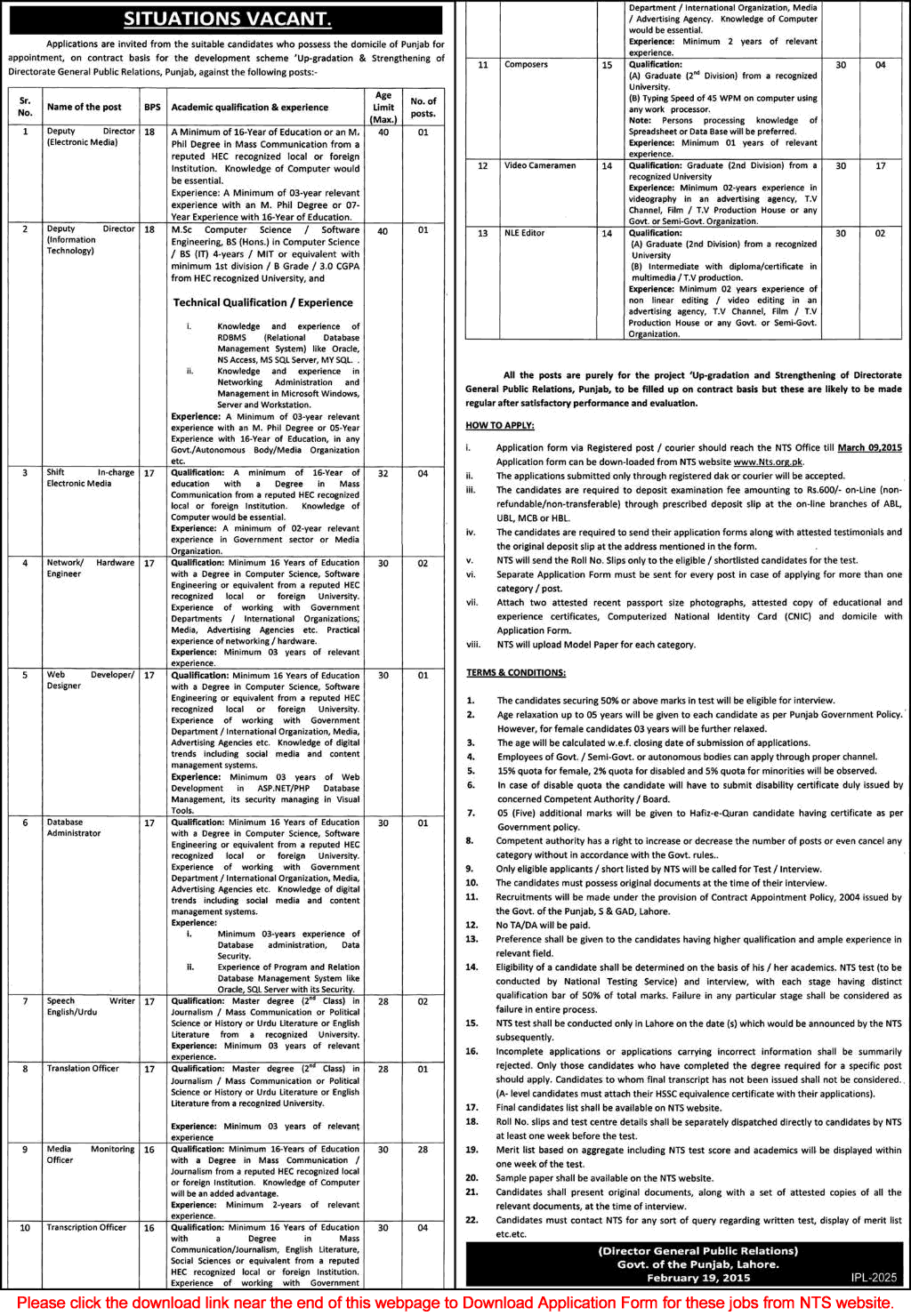 DGPR Punjab Jobs 2015 February Media Monitoring Officers, Cameramen & Others NTS Application Form