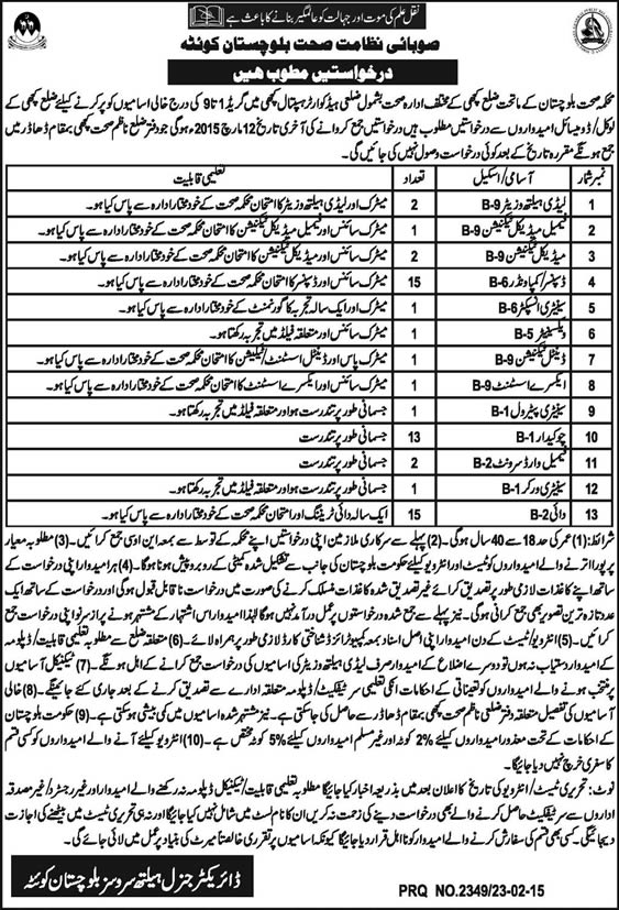 Health Department Kachi Balochistan Jobs 2015 February Medical / Paramedical & Support Staff