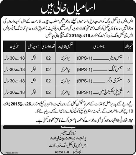 SSG Signal Wing Tarbela Jobs 2015 February Mess Waiter / Cook, Sanitary Worker & Skilled Tradesman