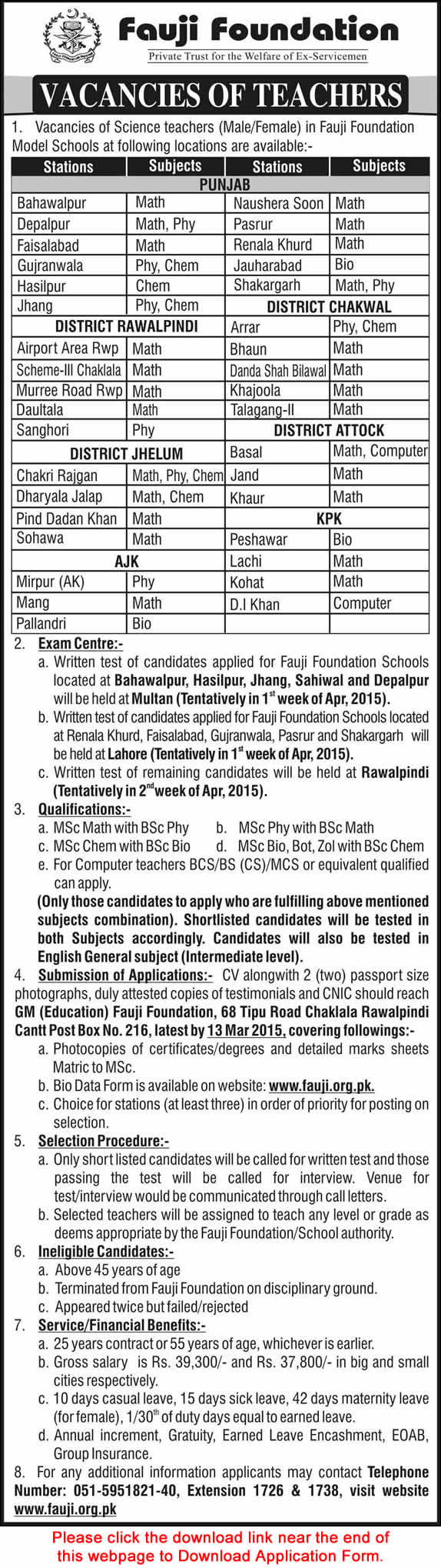 Fauji Foundation School Jobs March 2015 Teaching Application Bio Data Form Download Latest