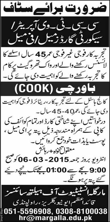 CCTV Operator, Security Guards & Cook Jobs in Rawalpindi Jobs 2015 March Margalla Institute of Health Sciences