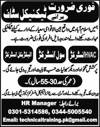 HVAC / Civil / Electrical Instructor Jobs in Islamabad 2015 March Latest