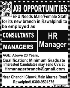 HR Managers & Consultant Jobs in EFU Life Insurance Rawalpindi 2015 March Latest