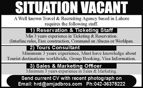 Sales & Marketing Officer, Tour Consultant and Ticketing Staff Jobs in Lahore 2015 March Latest