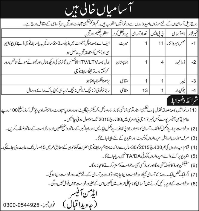 PO Box 17 GPO Murree Jobs 2015 March for Chowkidar, Labour, Driver & Mess Supervisor Latest