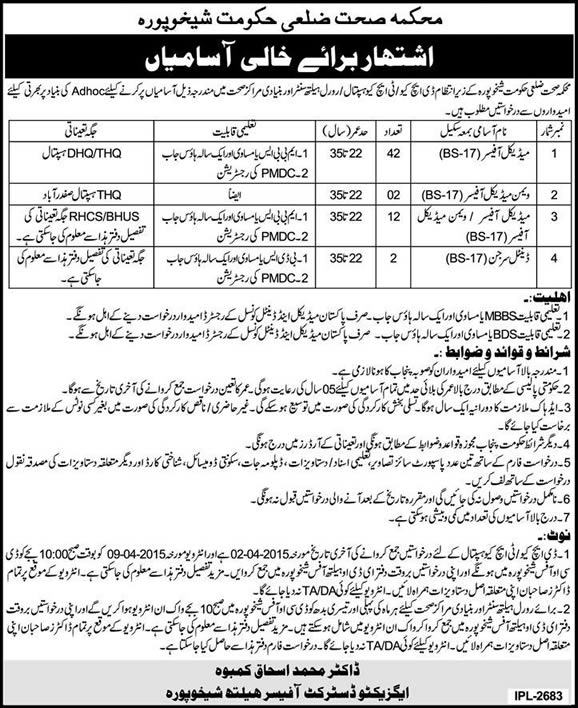 Health Department Sheikhupura Jobs 2015 March Women / Medical Officers & Dental Surgeons Latest