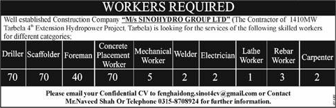 Sinohydro Tarbela Jobs 2015 March Driller, Scaffolder, Foreman, Concrete Placement Workers & Others