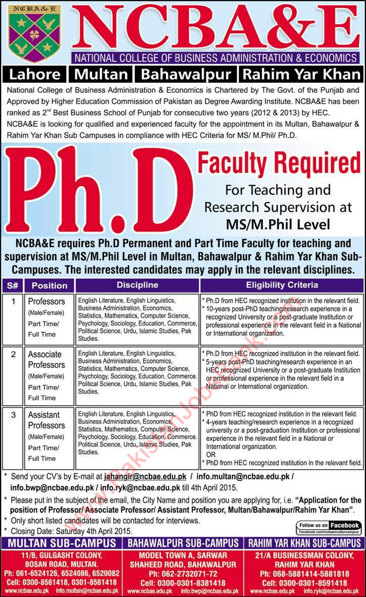 National College of Business Administration & Economics Jobs 2015 March NCBA&E Teaching Faculty