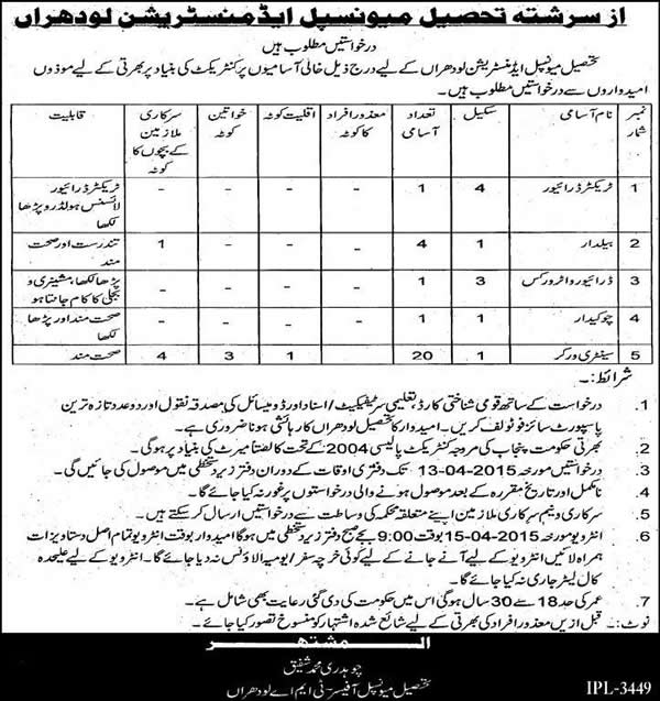 TMA Lodhran Jobs 2015 March Drivers, Baildar, Chowkidar & Sanitary Workers Latest