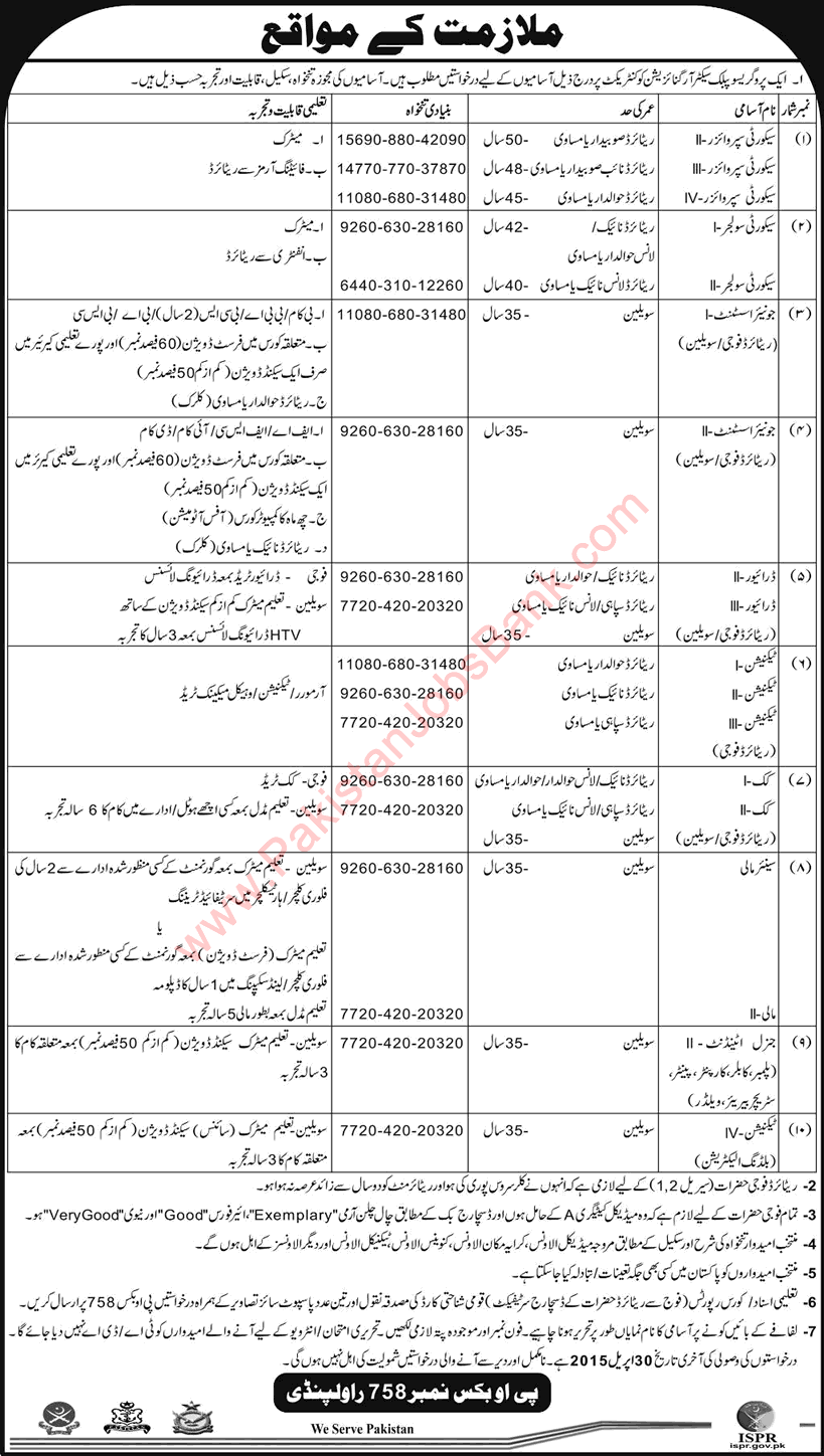 PO Box 758 Rawalpindi Jobs 2015 March / April Pakistan Army Latest / New