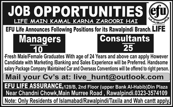 EFU Life Assurance Rawalpindi Jobs 2015 March / April Consultants & Managers Latest