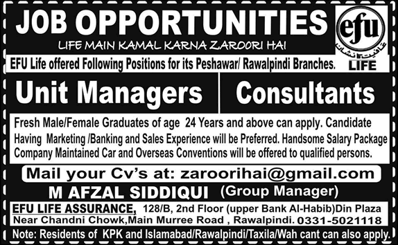 Managers & Consultant Jobs in EFU Life Insurance Peshawar / Rawalpindi 2015 March / April