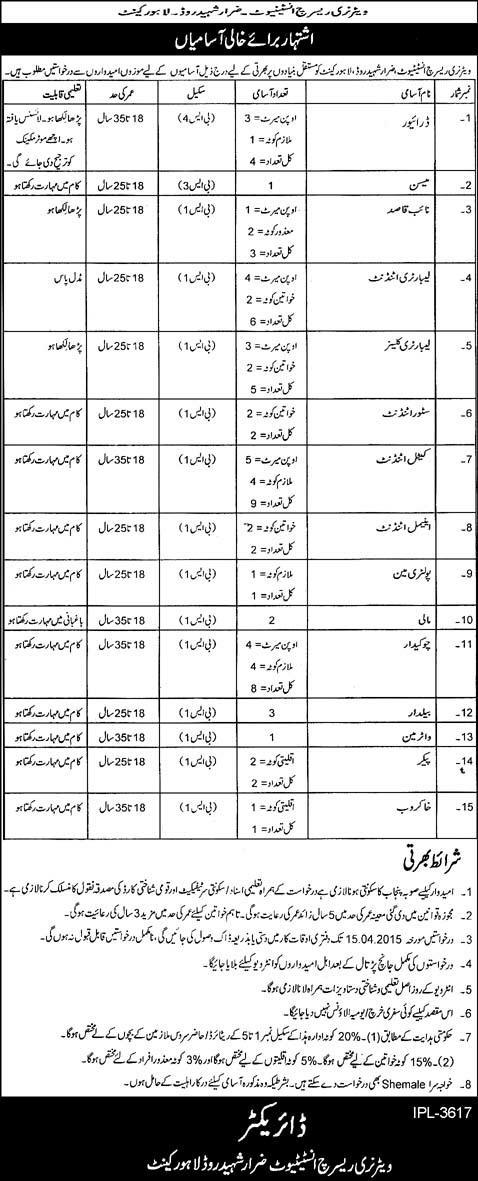 Veterinary Research Institute Lahore Jobs 2015 March / April Driver, Naib Qasid, Chowkidar, Attendant, Cleaner & Others