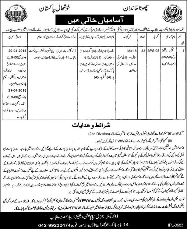 Family Welfare Worker Jobs in Population Welfare Department Punjab 2015 March / April Latest