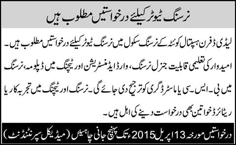 Lady Dufferin Hospital Quetta Jobs 2015 March / April for Nursing Tutor / Instructor Latest