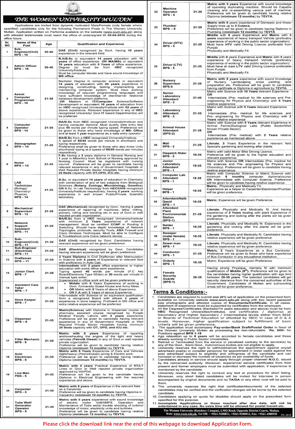 Women University Multan Jobs 2015 April Application Form Download Admin Staff Latest