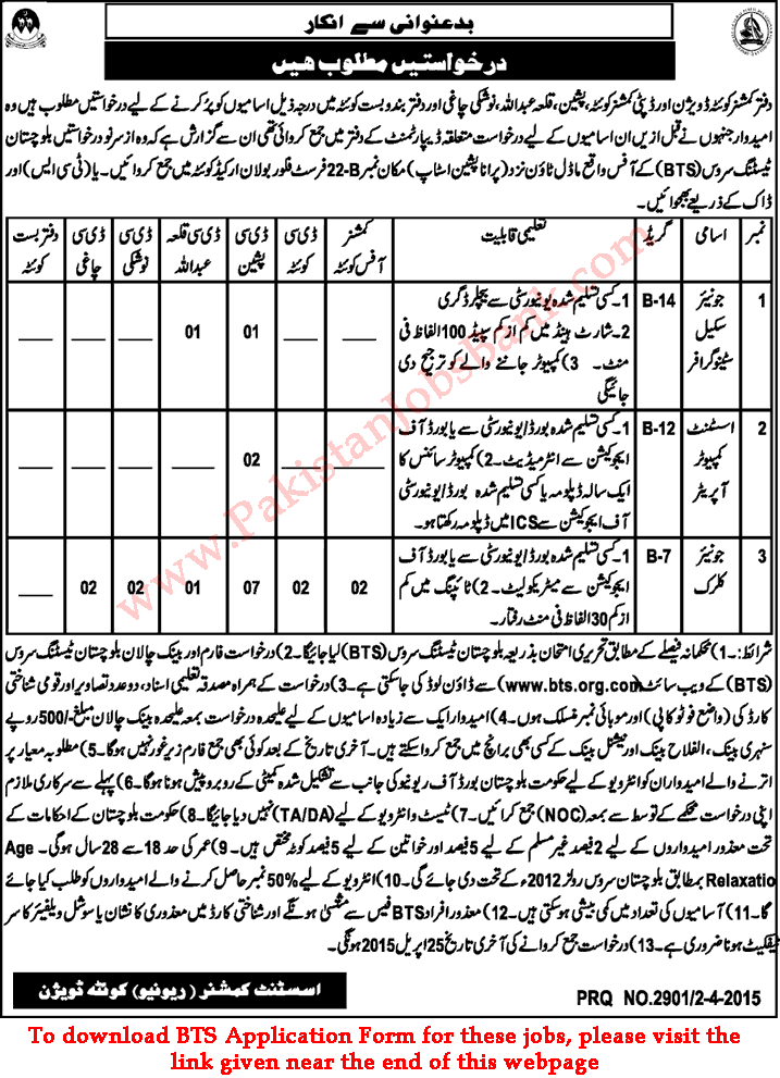 Stenographer, Computer Operator & Clerk Jobs in Balochistan 2015 April Deputy / Commissioner Offices