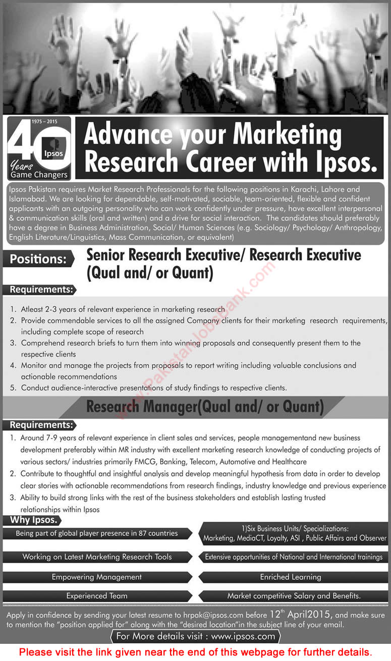IPSOS Pakistan Jobs 2015 April Marketing Research Executive / Manager Latest Advertisement
