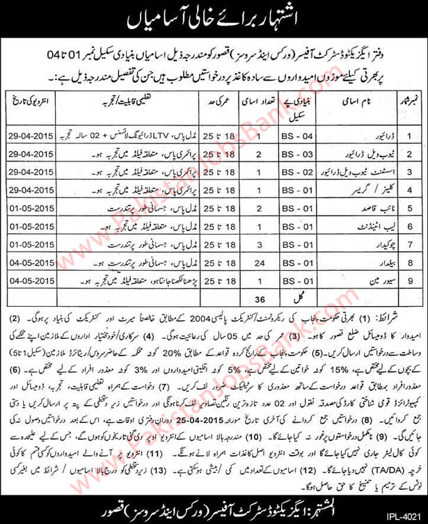 Works and Services Department Kasur Jobs 2015 April Baildar, Chowkidar, Naib Qasid & Others