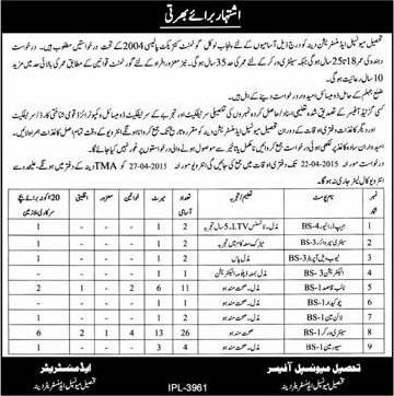 TMA Dina Jobs 2015 April Sanitary Workers, Naib Qasid, Drivers, Lineman, Electrician & Others