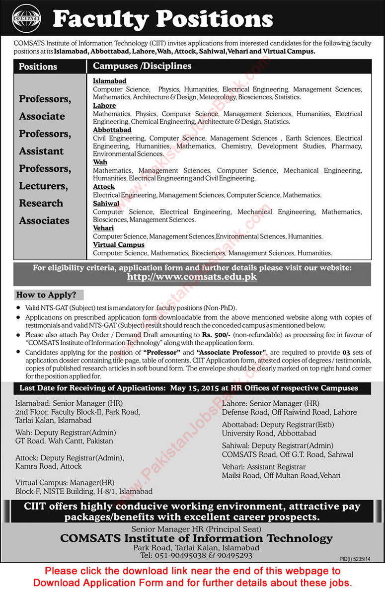 COMSATS Jobs 2015 April CIIT Teaching Faculty Application Form Download Latest