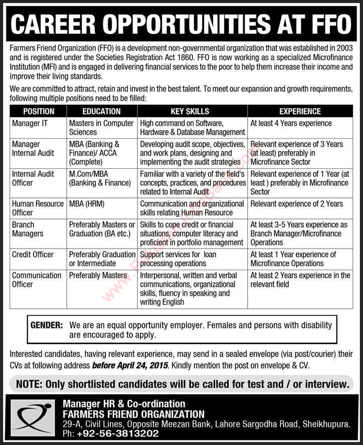 Farmers Friend Organization Sheikhupura Jobs 2015 April IT / Audit / Branch Managers & Others