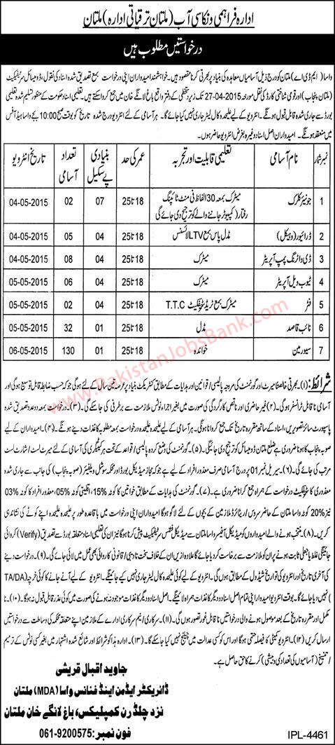 WASA Multan Jobs 2015 April Clerk, Naib Qasid, Sewer Man, Tube Well / Pump Operator & Others