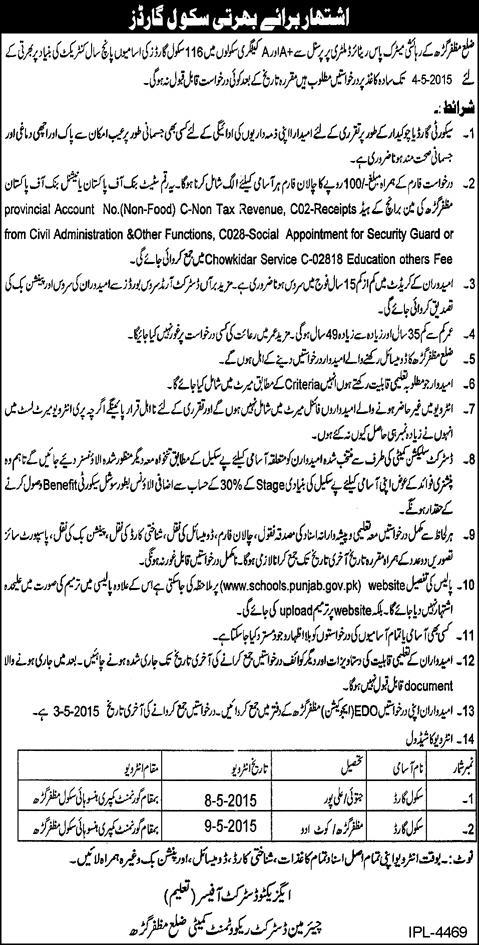 Security / School Guard Jobs in Muzaffargarh Jobs 2015 April District Education Department Latest