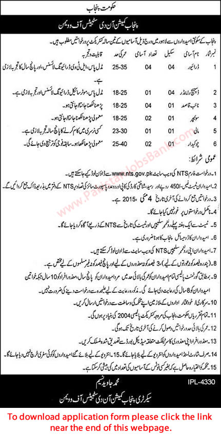 Punjab Commission on the Status of Women Jobs 2015 April NTS Application Form Download