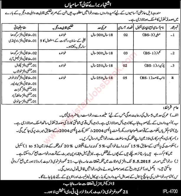 Directorate General Public Relations Punjab Jobs 2015 April Naib Qasid, Helper, Cleaner & Chowkidar