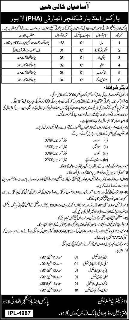 Parks and Horticulture Authority Lahore Jobs 2015 April PHA Mali, Security Guards, Khakroob & Others