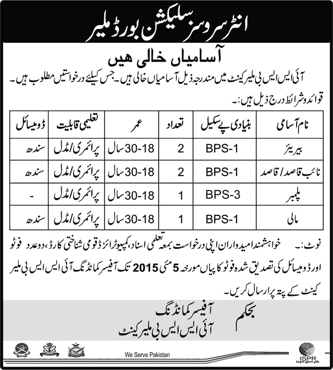 ISSB Malir Cantt Karachi Jobs 2015 April Naib Qasid, Bearer, Plumber & Mali