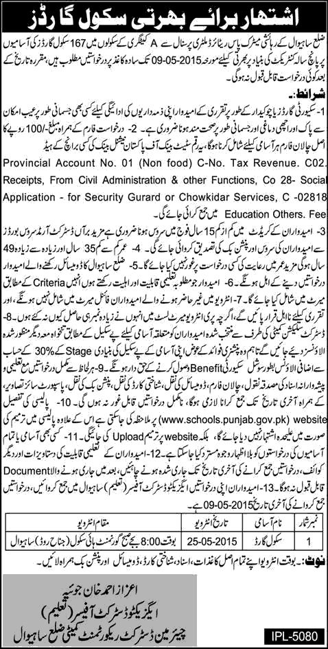 School Guard Jobs in Sahiwal Education Department 2015 April Security Guards for Government Schools