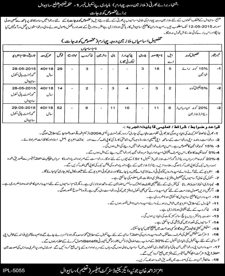 Education Department Sahiwal Jobs 2015 April Naib Qasid, Chowkidar, Mali, Lab Attendant & Others