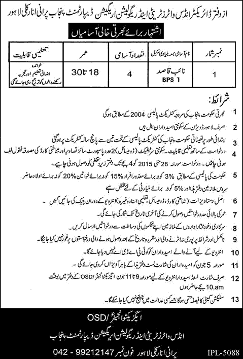 Naib Qasid Jobs in Lahore 2015 April Indus Water Treaty & Regulation Irrigation Department Punjab