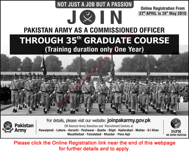 Join Pakistan Army as Commissioned Officer 2015 Online Registration through 35th Graduate Course